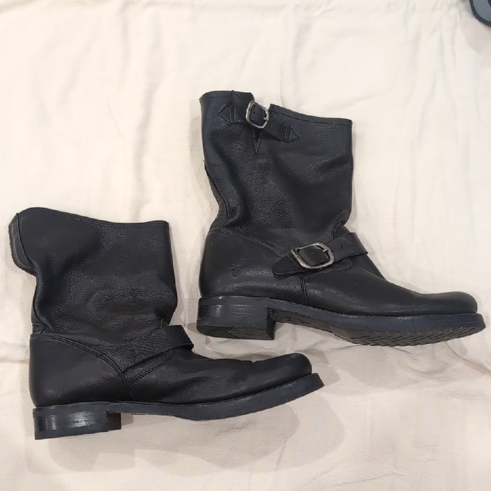 Frye Black Leather Buckle Boots